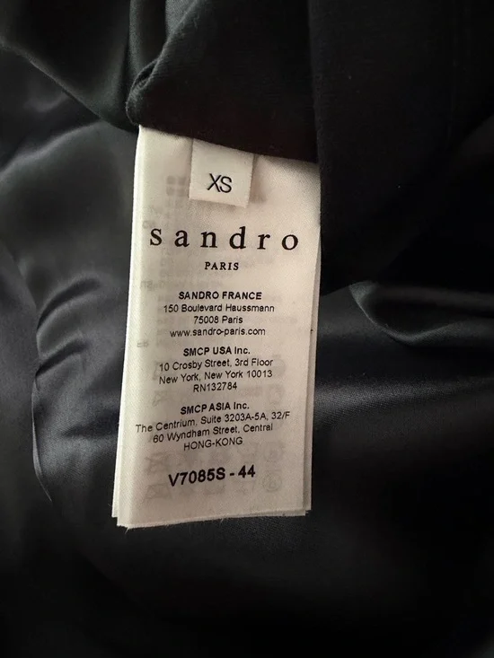 Sandro Navy Bomber Jacket with Red and Cream Striped Sleeves - Picture 5 of 8